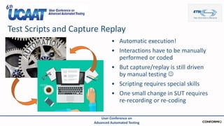 Test Scripts and Capture Replay
User Conference on
Advanced Automated Testing
• Automatic execution!
• Interactions have t...