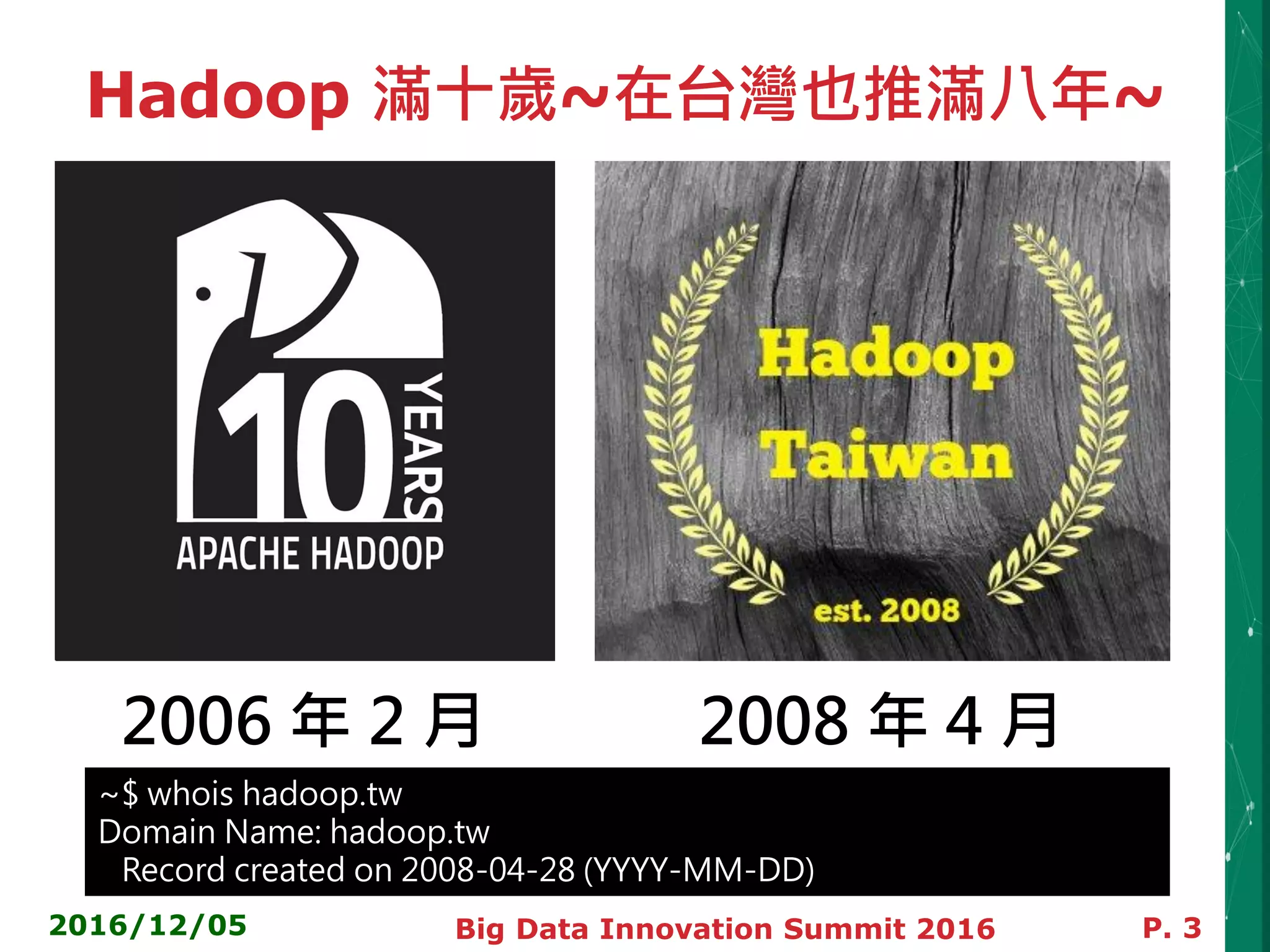 2016/12/05 Big Data Innovation Summit 2016 P. 3
Hadoop 滿十歲~在台灣也推滿八年~
2006 年 2 月 2008 年 4 月
~$ whois hadoop.tw
Domain Name: hadoop.tw
Record created on 2008-04-28 (YYYY-MM-DD)
 