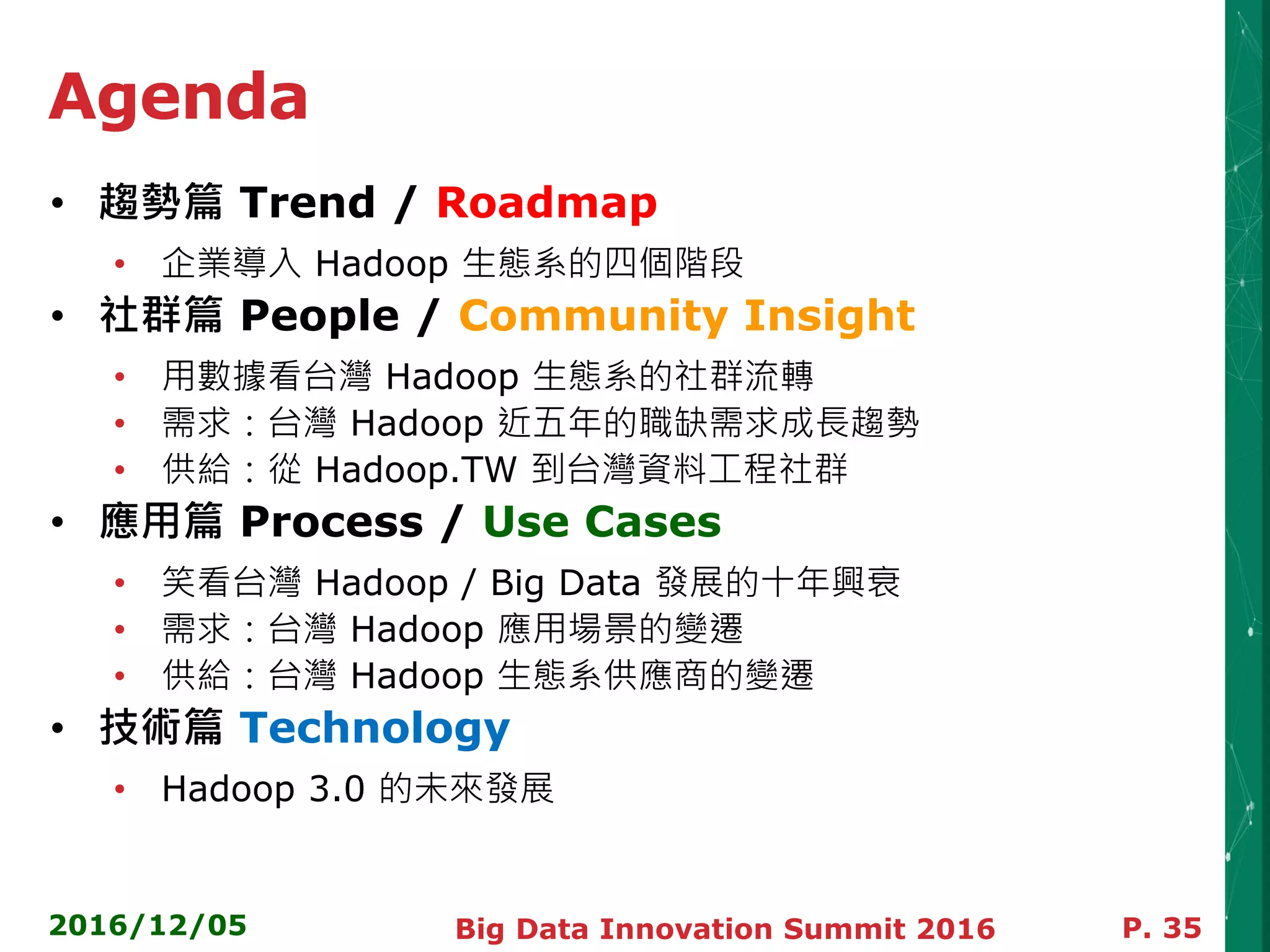 Agenda
• 趨勢篇 Trend / Roadmap
• 企業導入 Hadoop 生態系的四個階段
• 社群篇 People / Community Insight
• 用數據看台灣 Hadoop 生態系的社群流轉
• 需求：台灣 Hadoop 近五年的職缺需求成長趨勢
• 供給：從 Hadoop.TW 到台灣資料工程社群
• 應用篇 Process / Use Cases
• 笑看台灣 Hadoop / Big Data 發展的十年興衰
• 需求：台灣 Hadoop 應用場景的變遷
• 供給：台灣 Hadoop 生態系供應商的變遷
• 技術篇 Technology
• Hadoop 3.0 的未來發展
2016/12/05 P. 35Big Data Innovation Summit 2016
 