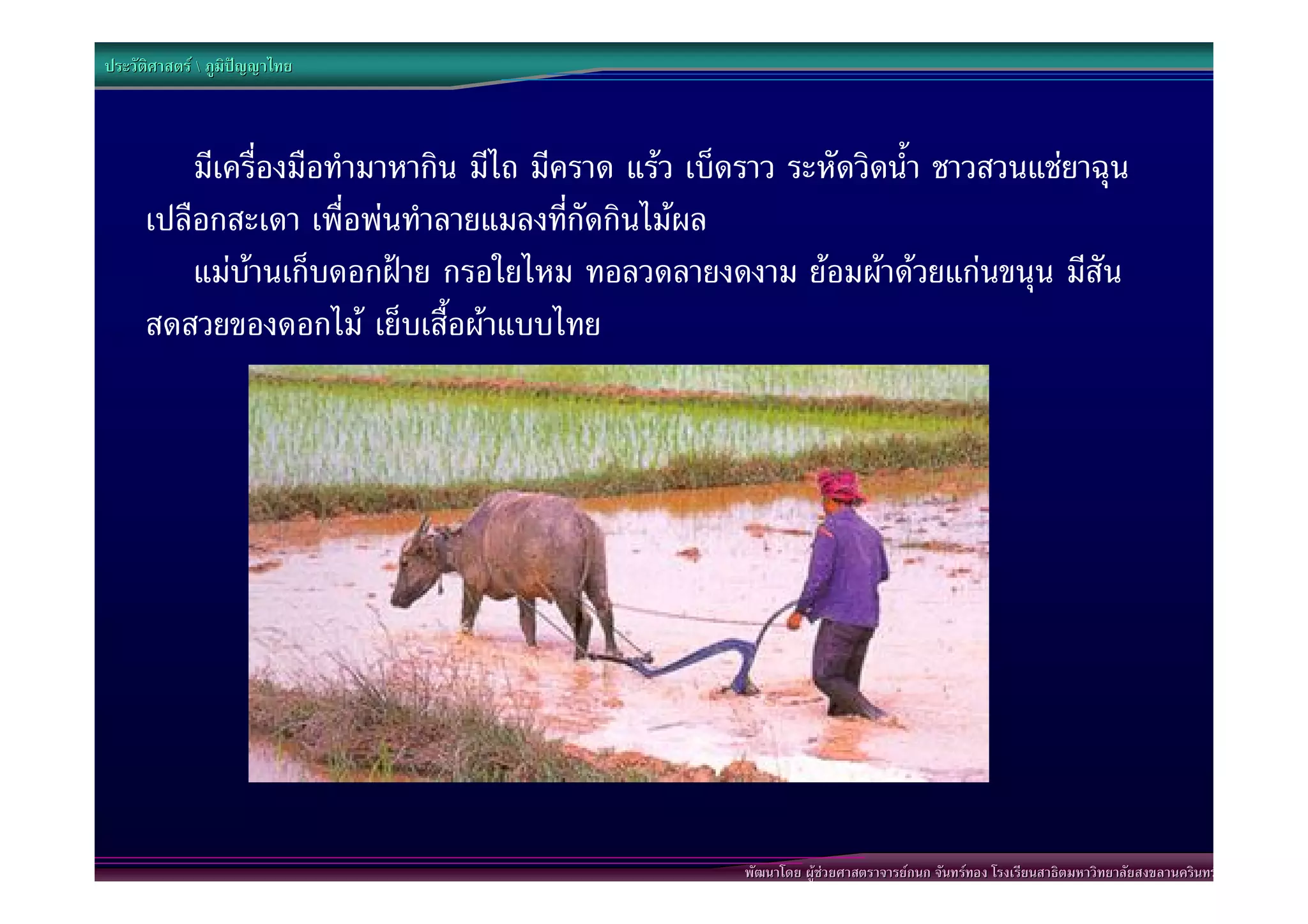 ประวัติศาสตร  ภูมิปญญาไทย



          มีเครื่องมือทํามาหากิน มีไถ มีคราด แรว เบ็ดราว ระหัดวิดน้ํา ชาวสวนแชยาฉุน
      เปลือกสะเดา เพื่อพนทําลายแมลงที่กัดกินไมผล
          แมบานเก็บดอกฝาย กรอใยไหม ทอลวดลายงดงาม ยอมผาดวยแกนขนุน มีสัน
      สดสวยของดอกไม เย็บเสื้อผาแบบไทย




                                                      พัฒนาโดย ผูชวยศาสตราจารยกนก จันทรทอง โรงเรียนสาธิตมหาวิทยาลัยสงขลานครินทร
 