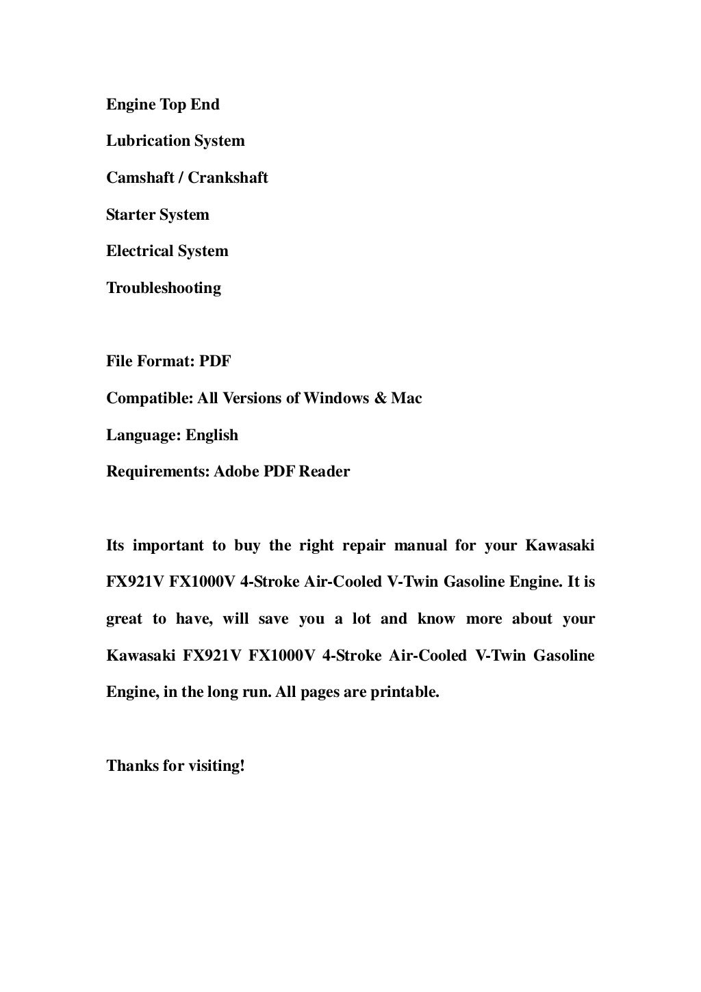 Kawasaki FX921V FX1000V 4-Stroke Air-Cooled V-Twin Gasoline Engine Se…