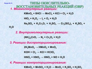 Лекция № 16
1. Межмолекулярные реакции:
KMnO4 + 8HCl → MnCl2 + KCl + Cl2 + H2O
HIO3 + H2O2 → I2 + O2 + H2O
Na2SO4 + K2Cr2O7 + H2SO4 → Cr2(SO4)3 + K2SO4 +
H2O
2. Внутримолекулярные реакции:
(NH4)2CrO7 → N2 + Cr2O3 + H2O
3. Реакции диспропорционирования:
2H2MnO4 → HMnO4 + MnO2
KOH + Cl2 → KCl + KClO3
HNO2 + HNO2 → HNO3 + NO + H2O
4. Реакции конпропорционирования:
KMnO4 + MnSO4 + H2O → MnO2 + K2SO4 + H2SO4
 
