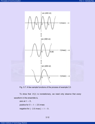 Principles of Communication Prof. V. Venkata Rao
Indian Institute of Technology Madras
3.12
Fig. 3.7: A few sample functions of the process of example 3.3
To show that ( )X t is nonstationary, we need only observe that every
waveform in the ensemble is,
zero at 0t = ,
positive for 0 2.5 sect m< <
negative for ( )2.5 sec 0m t− < < .
 