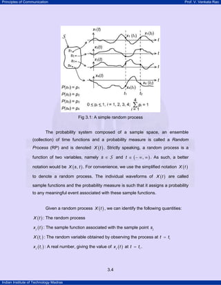 Principles of Communication Prof. V. Venkata Rao
Indian Institute of Technology Madras
3.4
Fig 3.1: A simple random process
The probability system composed of a sample space, an ensemble
(collection) of time functions and a probability measure is called a Random
Process (RP) and is denoted ( )X t . Strictly speaking, a random process is a
function of two variables, namely s ∈ S and ( ),t ∈ − ∞ ∞ . As such, a better
notation would be ( ),X s t . For convenience, we use the simplified notation ( )X t
to denote a random process. The individual waveforms of ( )X t are called
sample functions and the probability measure is such that it assigns a probability
to any meaningful event associated with these sample functions.
Given a random process ( )X t , we can identify the following quantities:
( )X t : The random process
( )jx t : The sample function associated with the sample point js
( )iX t : The random variable obtained by observing the process at it t=
( )j ix t : A real number, giving the value of ( )jx t at it t= .
 