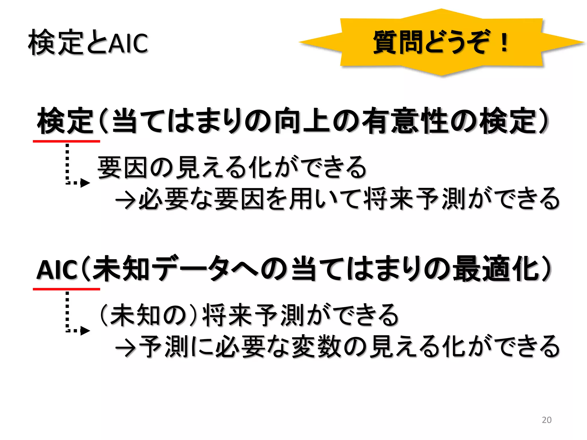 20
検定とAIC
検定（当てはまりの向上の有意性の検定）
要因の見える化ができる
→必要な要因を用いて将来予測ができる
AIC（未知データへの当てはまりの最適化）
（未知の）将来予測ができる
→予測に必要な変数の見える化ができる
質問どうぞ！
 