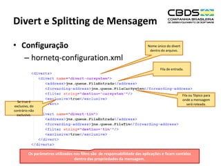 Divert e Splitting de Mensagem
• Configuração
– hornetq-configuration.xml

Nome único do divert
dentro do arquivo.

Fila de entrada.

Se true é
exclusivo, do
contrário não
exclusivo.

Parâmetro de
filtragem das
mensagens.

Fila ou Tópico para
onde a mensagem
será roteada.

Os parâmetros utilizados nos filtro são de responsabilidade das aplicações e ficam contidos
dentro das propriedades da mensagem.

 