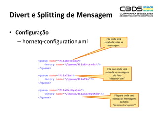 Divert e Splitting de Mensagem
• Configuração
– hornetq-configuration.xml

Fila onde será
recebida todas as
mensagens.

Fila para onde será
roteada as mensagens
do filtro
“destino=‘tim’”

Fila para onde será
roteada as mensagens
do filtro
“destino=‘carsystem’”

 