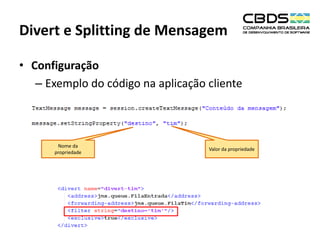 Divert e Splitting de Mensagem
• Configuração
– Exemplo do código na aplicação cliente

Nome da
propriedade

Valor da propriedade

 