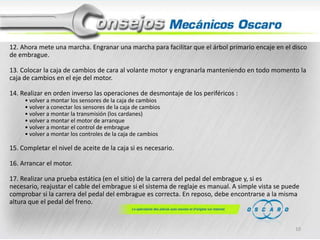 12. Ahora mete una marcha. Engranar una marcha para facilitar que el árbol primario encaje en el disco
de embrague.
13. Colocar la caja de cambios de cara al volante motor y engranarla manteniendo en todo momento la
caja de cambios en el eje del motor.
14. Realizar en orden inverso las operaciones de desmontaje de los periféricos :
• volver a montar los sensores de la caja de cambios
• volver a conectar los sensores de la caja de cambios
• volver a montar la transmisión (los cardanes)
• volver a montar el motor de arranque
• volver a montar el control de embrague
• volver a montar los controles de la caja de cambios

15. Completar el nivel de aceite de la caja si es necesario.
16. Arrancar el motor.
17. Realizar una prueba estática (en el sitio) de la carrera del pedal del embrague y, si es
necesario, reajustar el cable del embrague si el sistema de reglaje es manual. A simple vista se puede
comprobar si la carrera del pedal del embrague es correcta. En reposo, debe encontrarse a la misma
altura que el pedal del freno.

10

 