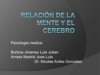 Psicologia medica
Borboa Jimenez Luis Julian
Arrieta Madrid Jose Luis
Dr. Nicolas Aviles Gonzalez

 