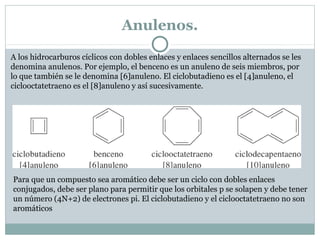 Anulenos.
A los hidrocarburos cíclicos con dobles enlaces y enlaces sencillos alternados se les
denomina anulenos. Por ejemplo, el benceno es un anuleno de seis miembros, por
lo que también se le denomina [6]anuleno. El ciclobutadieno es el [4]anuleno, el
ciclooctatetraeno es el [8]anuleno y así sucesivamente.

Para que un compuesto sea aromático debe ser un ciclo con dobles enlaces
conjugados, debe ser plano para permitir que los orbitales p se solapen y debe tener
un número (4N+2) de electrones pi. El ciclobutadieno y el ciclooctatetraeno no son
aromáticos

 