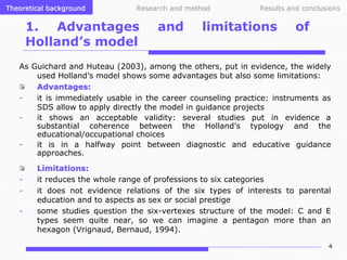 Theoretical background

Research and method

1. Advantages
Holland’s model

and

Results and conclusions

limitations

of

As Guichard and Huteau (2003), among the others, put in evidence, the widely
used Holland’s model shows some advantages but also some limitations:
Advantages:
it is immediately usable in the career counseling practice: instruments as
SDS allow to apply directly the model in guidance projects
it shows an acceptable validity: several studies put in evidence a
substantial coherence between the Holland’s typology and the
educational/occupational choices
it is in a halfway point between diagnostic and educative guidance
approaches.
-

Limitations:
it reduces the whole range of professions to six categories
it does not evidence relations of the six types of interests to parental
education and to aspects as sex or social prestige
some studies question the six-vertexes structure of the model: C and E
types seem quite near, so we can imagine a pentagon more than an
hexagon (Vrignaud, Bernaud, 1994).
4

 