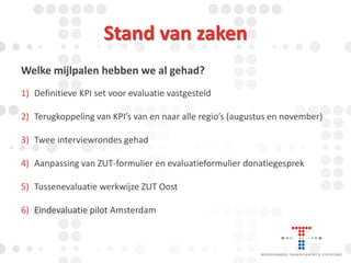 Stand van zaken
Welke mijlpalen hebben we al gehad?
1) Definitieve KPI set voor evaluatie vastgesteld
2) Terugkoppeling van KPI’s van en naar alle regio’s (augustus en november)
3) Twee interviewrondes gehad
4) Aanpassing van ZUT-formulier en evaluatieformulier donatiegesprek
5) Tussenevaluatie werkwijze ZUT Oost
6) Eindevaluatie pilot Amsterdam

 