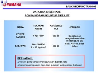 DATA DAN SPESIFIKASI
POMPA HIDRAULIK UNTUK BIKE LIFT

NAMA

TEKANAN
ANGIN

KAPASITAS
OLI

POWER
PACKER

7 Kgf / cm2

630 cc

ENERPAC

60 ~ 100 Psi
6 ~ 10 Kgf/cm2

590 cc

JENIS OLI

Gunakan oli
dengan kekentalan
rendah (SAE 20)
Cth : ATF oil, Shell
tellus

PERHATIAN :
.Untuk oil pump jangan menggunakan minyak rem
.Untuk mengencangkan baut-baut gunakan torsi sebesar 0.5 kg.cm

 