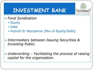 INVESTMENT BANK
 Fund Syndication
 Equity
 Debt
 Hybrid Or Mezzanine (Mix of Equity/Debt)
 Intermediary between Issuing Securities &
Investing Public.
 Underwriting – Facilitating the process of raising
capital for the organization.
 