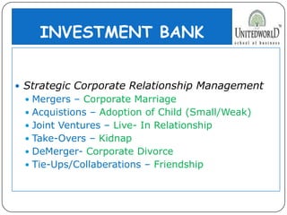 INVESTMENT BANK
 Strategic Corporate Relationship Management
 Mergers – Corporate Marriage
 Acquistions – Adoption of Child (Small/Weak)
 Joint Ventures – Live- In Relationship
 Take-Overs – Kidnap
 DeMerger- Corporate Divorce
 Tie-Ups/Collaberations – Friendship
 