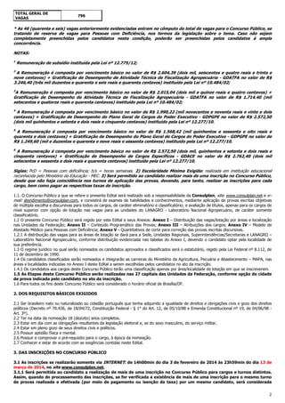 2
TOTAL GERAL DE
VAGAS
796
* As 46 (quarenta e seis) vagas anteriormente evidenciadas entram no cômputo do total de vagas para o Concurso Público, se
tratando de reserva de vagas para Pessoas com Deficiência, nos termos da legislação sobre o tema. Caso não sejam
completamente preenchidas pelos candidatos nesta condição, poderão ser preenchidas pelos candidatos à ampla
concorrência.
NOTAS:
1
Remuneração de subsídio instituída pela Lei nº 12.775/12;
2
A Remuneração é composta por vencimento básico no valor de R$ 2.604,39 (dois mil, seiscentos e quatro reais e trinta e
nove centavos) + Gratificação de Desempenho de Atividade Técnica de Fiscalização Agropecuária - GDATFA no valor de R$
3.246,40 (três mil duzentos e quarenta e seis reais e quarenta centavos) instituído pela Lei nº 10.484/02;
3
A Remuneração é composta por vencimento básico no valor de R$ 2.015,04 (dois mil e quinze reais e quatro centavos) +
Gratificação de Desempenho de Atividade Técnica de Fiscalização Agropecuária - GDATFA no valor de R$ 1.714.40 (mil
setecentos e quatorze reais e quarenta centavos) instituído pela Lei nº 10.484/02;
4
A Remuneração é composta por vencimento básico no valor de R$ 1.990,22 (mil novecentos e noventa reais e vinte e dois
centavos) + Gratificação de Desempenho do Plano Geral de Cargos do Poder Executivo - GDPGPE no valor de R$ 2.572,50
(dois mil quinhentos e setenta e dois reais e cinquenta centavos) instituído pela Lei nº 12.277/10.
5
A Remuneração é composta por vencimento básico no valor de R$ 1.568,42 (mil quinhentos e sessenta e oito reais e
quarenta e dois centavos) + Gratificação de Desempenho do Plano Geral de Cargos do Poder Executivo - GDPGPE no valor de
R$ 1.249,60 (mil e duzentos e quarenta e nove reais e sessenta centavos) instituído pela Lei nº 12.277/10.
6
A Remuneração é composta por vencimento básico no valor de R$ 2.572,50 (dois mil, quinhentos e setenta e dois reais e
cinquenta centavos) + Gratificação de Desempenho de Cargos Específicos - GDACE no valor de R$ 2.762,40 (dois mil
setecentos e sessenta e dois reais e quarenta centavos) instituído pela Lei nº 12.277/10.
Siglas: PcD = Pessoas com deficiência; h/s = horas semanais. 2) Escolaridade Mínima Exigida: realizada em instituição educacional
reconhecida pelo Ministério da Educação - MEC. 3) Será permitido ao candidato realizar mais de uma inscrição no Concurso Público,
desde que não haja coincidência nos turnos de aplicação das provas, devendo, para tanto, realizar as inscrições para cada
cargo, bem como pagar as respectivas taxas de inscrição.
1.1. O Concurso Público a que se refere o presente Edital será realizado sob a responsabilidade da Consulplan, site: www.consulplan.net e e–
mail: atendimento@consulplan.com, e consistirá de exames de habilidades e conhecimentos, mediante aplicação de provas escritas objetivas
de múltipla escolha e discursivas para todos os cargos, de caráter eliminatório e classificatório; e avaliação de títulos, apenas para os cargos de
nível superior com opção de lotação nas vagas para as unidades do LANAGRO - Laboratório Nacional Agropecuário, de caráter somente
classificatório.
1.2 O presente Concurso Público será regido por este Edital e seus Anexos: Anexo I – Distribuição das vagas/lotação por áreas e localização
nas Unidades da Federação; Anexo II – Conteúdo Programático das Provas; Anexo III – Atribuições dos cargos; Anexo IV – Modelo de
Atestado Médico para Pessoas com Deficiência; Anexo V - Quantitativos de corte para correção das provas escritas discursivas.
1.2.1 A distribuição das vagas para as áreas de lotação se dará para a Sede, Unidades Regionais, Superintendências/Secretarias e LANAGRO –
Laboratório Nacional Agropecuário, conforme distribuição evidenciada nas tabelas do Anexo I, devendo o candidato optar pela localidade de
sua preferência.
1.3 O regime jurídico no qual serão nomeados os candidatos aprovados e classificados será o estatutário, regido pela Lei Federal nº 8.112, de
11 de dezembro de 1990.
1.4 Os candidatos classificados serão nomeados e integrarão as carreiras do Ministério da Agricultura, Pecuária e Abastecimento – MAPA, nas
áreas e localidades indicadas no Anexo I deste Edital a serem escolhidas pelos candidatos no ato da inscrição.
1.4.1 Os candidatos aos cargos deste Concurso Público terão uma classificação apenas por área/localidade de lotação em que se inscreverem.
1.5 As Etapas deste Concurso Público serão realizadas nas 27 capitais das Unidades da Federação, conforme opção de cidade
de prova indicada pelo candidato no ato da inscrição.
1.6 Para todos os fins deste Concurso Público será considerado o horário oficial de Brasília/DF.
2. DOS REQUISITOS BÁSICOS EXIGIDOS
2.1 Ser brasileiro nato ou naturalizado ou cidadão português que tenha adquirido a igualdade de direitos e obrigações civis e gozo dos direitos
políticos (Decreto nº 70.436, de 18/04/72, Constituição Federal - § 1° do Art. 12, de 05/10/88 e Emenda Constitucional nº 19, de 04/06/98 -
Art. 3º).
2.2 Ter na data da nomeação 18 (dezoito) anos completos.
2.3 Estar em dia com as obrigações resultantes da legislação eleitoral e, se do sexo masculino, do serviço militar.
2.4 Estar em pleno gozo de seus direitos civis e políticos.
2.5 Possuir aptidão física e mental.
2.6 Possuir e comprovar o pré-requisito para o cargo, à época da nomeação.
2.7 Conhecer e estar de acordo com as exigências contidas neste Edital.
3. DAS INSCRIÇÕES NO CONCURSO PÚBLICO
3.1 As inscrições se realizarão somente via INTERNET: de 14h00min do dia 3 de fevereiro de 2014 às 23h59min do dia 13 de
março de 2014, no site www.consulplan.net.
3.1.1 Será permitida ao candidato a realização de mais de uma inscrição no Concurso Público para cargos e turnos distintos.
Assim, quando do processamento das inscrições, se for verificada a existência de mais de uma inscrição para o mesmo turno
de provas realizada e efetivada (por meio de pagamento ou isenção da taxa) por um mesmo candidato, será considerada
 