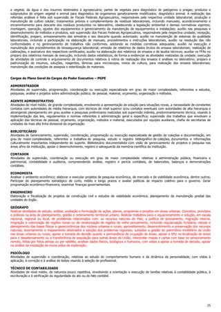 25
e vegetal, da água e dos insumos destinados à agropecuária; partes de vegetais para diagnóstico de patógenos e pragas; produtos e
subprodutos de origem vegetal e animal para diagnóstico de organismos geneticamente modificados; diagnóstico animal. A realização das
referidas análises é feita sob supervisão de Fiscais Federais Agropecuários, responsáveis pela respectiva unidade laboratorial; produção e
manutenção de cultivo celular; tratamentos prévios e complementares de resíduos laboratoriais, incluindo manuseio, acondicionamento e
encaminhamento para descarte dos resíduos produzidos no laboratório, obedecendo a legislação ambiental e demais normativas vigentes;
montagem, operação, ajustes dos equipamentos e gerenciamento da manutenção de equipamentos e instalações; auxílio nas pesquisas e
desenvolvimento de métodos e produtos, sob supervisão dos Fiscais Federais Agropecuários, responsáveis pela respectiva unidade; recepção,
identificação, preparo, armazenamento das amostras e seu descarte quando autorizado; auxílio na manutenção de sistemas da qualidade
laboratoriais, incluindo a participação na elaboração de manuais, procedimentos e instruções laboratoriais, auxílio na resolução das não
conformidades e no gerenciamento de trabalhos não conformes, adotando as medidas corretivas adequadas; auxílio na execução e
manutenção dos procedimentos de biossegurança laboratorial; emissão de relatórios de dados brutos de ensaios laboratoriais; realização de
calibrações, e assinatura dos respectivos certificados; auxílio na elaboração dos relatórios de ensaios e de laudos técnicos; auxiliar os FFAs no
preparo dos relatórios mensais de execução, incluindo dados estatísticos, de forma a evidenciar as atividades realizadas da unidade; execução
de atividades de controle e arquivamento de documentos relativos à rotina de realização dos ensaios e análises no laboratório; preparo e
padronização de insumos, soluções, reagentes, lâminas para microscopia, meios de cultura, para realização dos ensaios laboratoriais;
manutenção das condições de assepsia e esterilização de materiais.
Cargos do Plano Geral de Cargos do Poder Executivo – PGPE
ADMINISTRADOR
Atividades de supervisão, programação, coordenação ou execução especializada em grau de maior complexidade, referentes a estudos,
pesquisas, análise e projetos sobre administração pública, de pessoal, material, orçamento, organização e métodos.
AGENTE ADMINISTRATIVO
Atividades de nível médio, de grande complexidade, envolvendo a apresentação de solução para situações novas, a necessidade de constantes
contatos com autoridades de média hierarquia, com técnicos de nível superior e/ou contatos eventuais com autoridades de alta hierarquia e
abrangendo planejamento em grau auxiliar e pesquisas preliminares realizadas sob supervisão indireta, predominantemente técnica, visando à
implementação das leis, regulamentos e normas referentes à administração geral e específica; supervisão dos trabalhos que envolvam a
aplicação das técnicas de pessoal, orçamento, organização, métodos e material, executados por equipes auxiliares, chefia de secretarias de
unidades da mais alta linha divisional da organização.
BIBLIOTECÁRIO
Atividades de Gerenciamento, supervisão, coordenação, programação ou execução especializada de gestão de coleções e documentação, em
grau de maior complexidade, referentes a trabalhos de pesquisa, estudo e registro bibliográfico de coleções, documentos e informações
culturalmente importantes independente do suporte. Bibliotecário documentalista com visão de gerenciamento de projetos e pesquisa nas
áreas afins da instituição, apoiar o desenvolvimento, registro e salvaguarda da memória científica da instituição.
CONTADOR
Atividades de supervisão, coordenação ou execução em grau de maior complexidade relativas à administração pública, financeira e
patrimonial, contabilidade e auditoria, compreendendo análise, registro e perícia contábeis, de balancetes, balanços e demonstrações
contábeis.
ECONOMISTA
Analisar o ambiente econômico; elaborar e executar projetos de pesquisa econômica, de mercado e de viabilidade econômica, dentre outros;
Participar do planejamento estratégico de curto, médio e longo prazos e avaliar políticas de impacto coletivo para o governo. Gerar
programação econômico-financeira; examinar finanças governamentais.
ENGENHEIRO
Elaboração e fiscalização de projetos de construção civil e estudos de viabilidade econômica; planejamento da manutenção predial das
unidades do órgão.
GEÓGRAFO
Realizar atividades de estudo, análise, avaliação e formulação de ações, planos, programas e projetos em áreas urbanas. Conceitos, princípios
e práticas na área de planejamento, gestão e ordenamento territorial urbano. Realizar trabalhos para o equacionamento e solução, em escala
nacional, regional ou local, de problemas relacionados com: os recursos naturais do País; a política de povoamento, migração interna,
imigração e colonização de regiões novas ou de revalorização de regiões de velho povoamento, incluindo regularização fundiária; estudo e
planejamento das bases físicas e geoeconômicas dos núcleos urbanos e rurais; aproveitamento, desenvolvimento e preservação dos recursos
naturais; levantamento e mapeamento destinados à solução dos problemas regionais; subsidiar a gestão do patrimônio imobiliário da União
nas áreas urbanas ou rurais; apoiar a tomada de decisão quanto a permanência de ocupação de áreas; apoiar a SPU na localização de áreas
para o desadensamento ou a transferência de população para outras áreas da União; interpretar mapas e cartas com base no sensoriamento
remoto, feitas por fotos aéreas ou por satélite; analisar dados físicos, biológicos e humanos, com vistas a apoiar a tomada de decisão; apoiar
na análise da instalação de novos pólos de exploração.
PSICÓLOGO
Atividades de supervisão e coordenação, relativas ao estudo do comportamento humano e da dinâmica da personalidade, com vistas à
aplicação, à correção e à análise de testes visando à seleção de profissional.
TÉCNICO DE CONTABILIDADE
Atividades de nível médio, de natureza pouco repetitiva, envolvendo a orientação e execução de tarefas relativas à contabilidade pública, à
escrituração e à verificação da regularidade do ato ou do fato contábil.
 