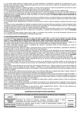 6
5.1.1 As provas escritas objetivas de múltipla escolha, de caráter eliminatório e classificatório, constarão de 50 (cinquenta) itens, com a
valoração acima evidenciada, e terão pontuação total variando do mínimo de 0 (zero) ponto ao máximo de 60 (sessenta) pontos, conforme
descrito nas tabelas do subitem anterior.
5.1.2 Será considerado aprovado o candidato que obtiver, no mínimo, 50% (cinquenta por cento) de aproveitamento dos pontos das provas
objetivas de múltipla escolha e que tenha acertado pelo menos um item de cada disciplina.
5.1.3 Os itens das provas objetivas serão do tipo múltipla escolha, com 4 (quatro) opções (A a D) e uma única resposta correta.
5.1.4 O candidato deverá transcrever as respostas das provas objetivas para o Cartão de Respostas, que será o único documento válido para a
correção das provas. O preenchimento do Cartão de Respostas será de inteira responsabilidade do candidato, que deverá proceder de
conformidade com as instruções específicas contidas neste Edital e no Cartão de Respostas. Em hipótese alguma haverá substituição do
cartão por erro do candidato.
5.1.5 Não serão computados itens não respondidos, nem itens que contenham mais de uma resposta (mesmo que uma delas esteja correta),
emenda ou rasura, ainda que legível. Não deverá ser feita nenhuma marca fora do campo reservado às respostas, pois qualquer marca poderá
ser lida pelas leitoras óticas, prejudicando o desempenho do candidato.
5.1.6 O candidato deverá, obrigatoriamente, ao término da prova, devolver ao fiscal o Cartão de Respostas, devidamente assinado no local
indicado.
5.1.7 Serão de inteira responsabilidade do candidato os prejuízos advindos de marcações feitas incorretamente no Cartão de Respostas. Serão
consideradas marcações incorretas as que estiverem em desacordo com este Edital e com o Cartão de Respostas, tais como: dupla marcação,
marcação rasurada ou emendada e campo de marcação não preenchido integralmente.
5.1.8 Não será permitido que as marcações no Cartão de Respostas sejam feitas por outras pessoas, salvo em caso de candidato que tenha
solicitado atendimento especial para esse fim. Nesse caso, se necessário, o candidato será acompanhado por um fiscal da Consulplan
devidamente treinado.
5.1.9 O candidato não deverá amassar, molhar, dobrar, rasgar, ou, de qualquer modo, danificar o seu Cartão de Respostas, sob pena de arcar
com os prejuízos advindos da impossibilidade de realização da leitura ótica.
5.2 DAS PROVAS ESCRITAS DISCURSIVAS
5.2.1 Serão aplicadas provas escritas discursivas de caráter eliminatório e classificatório, no mesmo dia de realização das provas objetivas,
constituídas de: 1 (um) estudo de caso para os cargos de nível superior, sobre tema de natureza técnica específica de cada
cargo; e 1 (uma) redação para os cargos de nível médio técnico, médio e fundamental, sobre tema da atualidade.
5.2.2 Tanto o estudo de caso quanto a redação terão o valor de 40 (quarenta) pontos, conforme distribuição apresentada no subitem 5.2.13
deste Edital e serão realizados no mesmo horário previsto no subitem 5.3 deste Edital para a realização das provas objetivas.
5.2.3 Serão considerados aprovados apenas os candidatos que obtiverem o percentual mínimo de 50% (cinquenta por cento) de
aproveitamento nos pontos da referida etapa.
5.2.4 A prova discursiva terá o objetivo de avaliar o conhecimento técnico na área de atuação da especialidade, a capacidade de expressão na
modalidade escrita e o uso das normas do registro formal culto da Língua Portuguesa.
5.2.5 As respostas às provas discursivas deverão ser manuscritas em letra legível, com caneta esferográfica de corpo transparente, de ponta
grossa e de tinta azul ou preta, não sendo permitida a interferência e/ou a participação de outras pessoas, salvo em caso de candidato na
condição de pessoa com deficiência que esteja impossibilitado de redigir textos, como também no caso de candidato que tenha solicitado
atendimento especial para este fim, nos termos deste Edital. Nesse caso, o candidato será acompanhado por um fiscal da Consulplan
devidamente treinado, para o qual deverá ditar o texto, especificando oralmente a grafia das palavras e os sinais gráficos de pontuação.
5.2.6 As respostas às provas discursivas deverão ter a extensão mínima de 20 (vinte) e máxima de 30 (trinta) linhas para o texto. Será
desconsiderado, para efeito de avaliação, qualquer fragmento de texto que for escrito fora do local apropriado ou que não atingir a extensão
mínima ou ultrapassar a extensão máxima permitida.
5.2.7 O candidato receberá nota zero na prova discursiva em casos de não atendimento ao conteúdo avaliado, de não haver texto, de
manuscrever em letra ilegível ou de grafar por outro meio que não o determinado no subitem anterior, bem como no caso de identificação em
local indevido.
5.2.8 A folha de textos definitivos da prova discursiva será fornecida juntamente com o cartão de respostas da prova escrita objetiva de
múltipla escolha no dia de realização das provas, devendo, o candidato, ao seu término, obrigatoriamente, devolver ao fiscal o cartão de
respostas (prova objetiva) devidamente assinado no local indicado e a folha de textos definitivos (prova discursiva) sem qualquer termo que
identifique o candidato.
5.2.8.1 A folha de textos definitivos da prova discursiva será o único documento válido para a avaliação desta etapa. O espaço reservado no
caderno de provas para rascunho é de preenchimento facultativo e não valerá para tal finalidade.
5.2.9 A folha de textos definitivos da prova discursiva será previamente identificada através do número de inscrição do respectivo candidato - e
apenas por este - não devendo o candidato registrar seu nome ou sua assinatura na referida folha, sob pena de anulação de sua prova. O
candidato deverá, ainda, quando da entrega da folha de textos definitivos ao fiscal da sala, conferir se o número de inscrição nele registrado é
o correspondente ao seu número de inscrição no Concurso Público.
5.2.10 Quando da realização das provas discursivas, o candidato não poderá efetuar consulta a quaisquer fontes ou meios de consulta para
auxílio na resolução e interpretação das questões.
5.2.11 O candidato deverá observar atentamente as orientações de transcrição da sua resposta quando da realização da prova discursiva.
Aquele que não observar tais orientações receberá nota 0 (zero), sendo vedado qualquer tipo de rasura e/ou adulteração na identificação das
páginas, sob pena de eliminação sumária.
5.2.12 O candidato, ao término da realização da prova discursiva, deverá, obrigatoriamente, devolver a folha de textos definitivos sem
qualquer termo que identifique as folhas em que foi transcrita sua resposta.
5.2.13 Para efeito de avaliação das provas discursivas serão considerados os seguintes elementos de avaliação:
ELEMENTOS DE AVALIAÇÃO DA PROVA DISCURSIVA
ELEMENTOS DE AVALIAÇÃO DAS PROVAS DISCURSIVAS (ESTUDO DE CASO E REDAÇÃO)
Critérios Elementos da Avaliação
Total de pontos
por critério
Aspectos Formais
e Aspectos
Textuais
Observância das normas de ortografia, pontuação, concordância, regência e flexão,
paragrafação, estruturação de períodos, coerência e lógica na exposição das ideias.
15 pontos
Aspectos Técnicos
Pertinência da exposição relativa ao tema, à ordem de desenvolvimento proposto e ao
conteúdo programático proposto.
25 pontos
TOTAL DE PONTOS 40 pontos
 