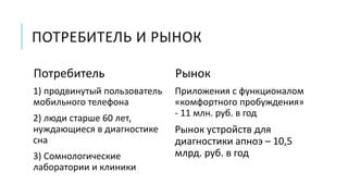 ПОТРЕБИТЕЛЬ И РЫНОК
Потребитель
1) продвинутый пользователь
мобильного телефона
2) люди старше 60 лет,
нуждающиеся в диагностике
сна
3) Сомнологические
лаборатории и клиники
Рынок
Приложения с функционалом
«комфортного пробуждения»
- 11 млн. руб. в год
Рынок устройств для
диагностики апноэ – 10,5
млрд. руб. в год
 