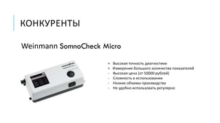 КОНКУРЕНТЫ
Weinmann SomnoCheck Micro
+ Высокая точность диагностики
+ Измерение большого количества показателей
- Высокая цена (от 50000 рублей)
- Сложность в использовании
- Низкие объемы производства
- Не удобно использовать регулярно
 