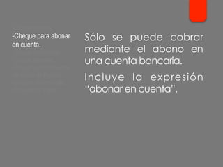 Sólo se puede cobrar
mediante el abono en
una cuenta bancaria.
Incluye la expresión
“abonar en cuenta”.
- Cheque cruzado.
- Cheque para abonar
en cuenta.
- Cheque conformado.
- Cheque bancario.
- Cheque contra la cuenta
del Banco de España.
- Cheques de ventanilla.
- Cheques de viajero.
 