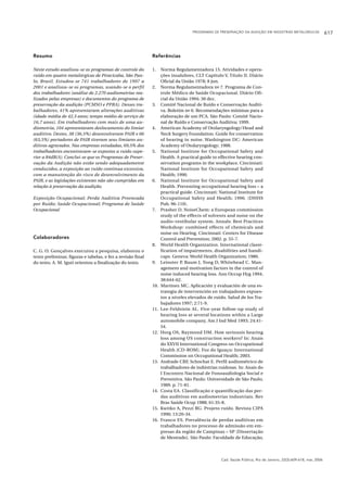 PROGRAMAS DE PRESERVAÇÃO DA AUDIÇÃO EM INDÚSTRIAS METALÚRGICAS 617
Cad. Saúde Pública, Rio de Janeiro, 22(3):609-618, mar, 2006
Resumo
Neste estudo analisou-se os programas de controle do
ruído em quatro metalúrgicas de Piracicaba, São Pau-
lo, Brasil. Estudou-se 741 trabalhadores de 1997 a
2001 e analisou-se os programas, usando-se o perfil
dos trabalhadores (análise de 2.270 audiometrias rea-
lizados pelas empresas) e documentos do programa de
preservação da audição (PCMSO e PPRA). Desses tra-
balhadores, 41% apresentaram alterações auditivas
(idade média de 42,3 anos; tempo médio de serviço de
16,7 anos). Em trabalhadores com mais de uma au-
diometria, 104 apresentaram deslocamento do limiar
auditivo. Destes, 38 (36,5%) desenvolveram PAIR e 66
(63,5%) portadores de PAIR tiveram seus limiares au-
ditivos agravados. Nas empresas estudadas, 69,5% dos
trabalhadores encontravam-se expostos a ruído supe-
rior a 84dB(A). Conclui-se que os Programas de Preser-
vação da Audição não estão sendo adequadamente
conduzidos, a exposição ao ruído continua excessiva,
com a manutenção do risco de desenvolvimento da
PAIR, e as legislações existentes não são cumpridas em
relação à preservação da audição.
Exposição Ocupacional; Perda Auditiva Provocada
por Ruído; Saúde Ocupacional; Programa de Saúde
Ocupacional
Colaboradores
C. G. O. Gonçalves executou a pesquisa, elaborou o
texto preliminar, figuras e tabelas, e fez a revisão final
do texto. A. M. Iguti orientou a finalização do texto.
Referências
1. Norma Regulamentadora 15. Atividades e opera-
ções insalubres, CLT Capítulo V, Título II. Diário
Oficial da União 1978; 8 jun.
2. Norma Regulamentadora no 7. Programa de Con-
trole Médico de Saúde Ocupacional. Diário Ofi-
cial da União 1994; 30 dez.
3. Comitê Nacional de Ruído e Conservação Auditi-
va. Boletim no 6. Recomendações mínimas para a
elaboração de um PCA. São Paulo: Comitê Nacio-
nal de Ruído e Conservação Auditiva; 1999.
4. American Academy of Otolaryngology/Head and
Neck Surgery Foundation. Guide for conservation
of hearing in noise. Washington DC: American
Academy of Otolaryngology; 1988.
5. National Institute for Occupational Safety and
Health. A practical guide to effective hearing con-
servation programs in the workplace. Cincinnati:
National Institute for Occupational Safety and
Health; 1990.
6. National Institute for Occupational Safety and
Health. Preventing occupational hearing loss – a
practical guide. Cincinnati: National Institute for
Occupational Safety and Health; 1996. (DHHS
Pub. 96-110).
7. Prasher D. NoiseChem: a European commission
study of the effects of solvents and noise on the
audio-vestibular system. Annals: Best Practices
Workshop: combined effects of chemicals and
noise on Hearing. Cincinnati: Centers for Disease
Control and Prevention; 2002. p. 55-7.
8. World Health Organization. International classi-
fication of impairments, disabilities and handi-
caps. Geneva: World Health Organization; 1980.
9. Leinster P, Baum J, Tong D, Whitehead C. Man-
agement and motivation factors in the control of
noise induced hearing loss. Ann Occup Hyg 1994;
38:644-62.
10. Martinez MC. Aplicación y evaluación de una es-
trategia de intervención en trabajadores expues-
tos a niveles elevados de ruido. Salud de los Tra-
bajadores 1997; 2:71-9.
11. Lee-Feldstein AL. Five-year follow-up study of
hearing loss at several locations within a Large
automobile company. Am J Ind Med 1993; 24:41-
54.
12. Horg OS, Raymond DM. How seriousis hearing
loss among US construction workers? In: Anais
do XXVII International Congress on Occupational
Health [CD-ROM]. Foz do Iguaçu: International
Commission on Occupational Health; 2003.
13. Andrade CRF, Schochat E. Perfil audiométrico de
trabalhadores de indústrias ruidosas. In: Anais do
I Encontro Nacional de Fonoaudiologia Social e
Preventiva. São Paulo: Universidade de São Paulo;
1989. p. 71-81.
14. Costa EA. Classificação e quantificação das per-
das auditivas em audiometrias industriais. Rev
Bras Saúde Ocup 1988; 61:35-8.
15. Kwitko A, Pezzi RG. Projeto ruído. Revista CIPA
1990; 13:20-34.
16. Franco ES. Prevalência de perdas auditivas em
trabalhadores no processo de admissão em em-
presas da região de Campinas – SP [Dissertação
de Mestrado]. São Paulo: Faculdade de Educação,
 