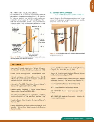 Unidad 16 
16.4.2 Elementos estructurales verticales 
Los pie derecho de los tabiques soportantes pueden ser 
perforados o cortados como máximo un 1/3 de su ancho. 
En caso de requerir una sección mayor, deben ser 
reforzados con una pieza de madera de 2” de ancho a 
cada lado del pie derecho, clavada a éste y extendiéndose 
30 cm por sobre y bajo el centro de la perforación o corte. 
Figura 16 - 20: Refuerzo de pie derecho, al cual se le ha hecho 
un corte para el paso de ducto eléctrico. 
16.5 CORTES Y PERFORACIONES EN 
LOS ELEMENTOS NO ESTRUCTURALES 
Los pie derecho de tabiques autosoportantes, no es 
necesario reforzarlos si cumplen con tener una sección 
remanente mínima de 40 mm. 
Figura 16 - 21: Consideraciones para cortes o perforaciones en 
tabique autosoportante. 
La Construcción de Viviendas en Madera PAGINA 407 
BIBLIOGRAFIA 
- American Plywood Association, “Wood Reference 
Handbook”, Canadian Wood Council, Canadá, 1986. 
- Branz, “House Building Guide”, Nueva Zelanda, 1998. 
- Canada Mortgage and Housing Corporation, CMHC, 
“Manual de Construcción de Viviendas con Armadura de 
Madera – Canadá”, Canadá, 1998. 
- Goring, L.J; Fioc, LCG, “First-Fixing Carpentry Manual”, 
Longman Group Limited, Inglaterra, 1983. 
- Lewis, G; Vogt, F, “Carpentry”, 3° Edición, Delmar Thomson 
Learning, Inc., Nueva York, EE.UU., 2001. 
- Neufert, E; “Arte de Proyectar en Arquitectura”, 14° Edición, 
Editorial Gustavo Gili S.A, Barcelona, España, 1998. 
- Reader´s Digest, “New Complete do-it yourself Manual”, 
Canadá, 1991. 
- RIDAA :Reglamento de instalaciones domiciliarias de agua 
potable y alcantarillado. Superintendencia de Servicios 
Sanitarios, SISS. 
- Spence, W; “Residencial Framing”, Sterling Publishing 
Company, Inc., Nueva York, EE.UU., 1993. 
- Stungo, N; “Arquitectura en Madera”, Editorial Naturart 
S.A Blume, Barcelona, España, 1999. 
- Thallon, R; “Graphic Guide to Frame Construction Details for 
Builder and Designers”, The Taunton Press, Canadá, 1991. 
- www.inn.cl ( Instituto Nacional de Normalización ). 
- NCh 173 Of.73 Madera –Terminología general. 
- Nch 1198Of 1991 Madera – Construcciones en madera – 
Cálculo. 
- NCh 2824Of 2003 Maderas – Pino radiata – Unidades, di-mensiones 
y tolerancias. 
Pie derecho 
cortado para 
paso de un 
ducto 
Ducto que traspasa 
los pie derecho 
Conector metálico, 
para proteger el 
ducto. También 
ayuda en la 
resistencia del pie 
derecho, en su 
zona perforada 
> 30 cm 
> 30 cm 
Sección remanente de ancho 
mínimo 40 mm 
Refuerzo del pie 
derecho 
Corte 
diámetro 
del ducto 
