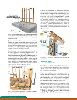 Ducto de instalación 
eléctrica, instalado previo al 
hormigonado de la plataforma 
Plataforma de 
hormigón 
Figura 16-9: Cuando se proyecta una plataforma de hormigón, 
previo a hormigonarla, los ductos determinados por los proyectos 
de instalaciones, deben estar ya instalados y recibidos por la 
inspección técnica. 
En caso de existir cañerías expuestas al exterior, éstas 
deberán ser aisladas para evitar su calentamiento en vera-no 
y su congelamiento en invierno. Los ductos de alcan-tarillado 
deben ser envueltos con lana mineral papel dos 
caras para evitar propagación de ruidos, producto de des-cargas 
y circulación de líquidos y sólidos. 
Los refuerzos de madera necesarios para la colocación de 
la grifería y artefactos sanitarios, deben ser fijados a las 
estructuras de la vivienda, para luego ubicar en su posición 
definitiva los artefactos. La tina se coloca antes que el re-vestimiento 
de muros, a fin de asegurar y evitar filtraciones 
a la estructura por mal sellado. La grifería se debe conectar 
después de haber terminado con el revestimiento interior 
de los tabiques. Los demás artefactos se instalan después 
de los revestimientos, pero se debe prever la colocación 
de los refuerzos necesarios para su fijación. 
Refuerzo de cañerías de agua potable y 
sostén de lavamanos 
Refuerzo para 
soportar y fijar 
WC. 
Apoyo para fijar ducto del 
desagüe del lavamanos. 
Figura 16-10: Ubicación de refuerzos a considerar en el diseño 
para fijar los ductos de las instalaciones. 
PAGINA 404 La Construcción de Viviendas en Madera 
El sellado de contornos de los artefactos es un aspecto 
que pocas veces es considerado en la instalación, sobre 
todo en aberturas que se realizan en revestimientos, para 
dar salida a llaves, enchufes interruptores, y lámparas, 
entre otros. Si no se tiene cuidado al sellarlos y controlar 
su ejecución, el aire que proviene del interior en la vivienda, 
con humedad y una temperatura mayor a la del exterior 
en invierno, ingresará por los bordes no sellados, pudiendo 
tener contacto con el paramento que da al exterior, el 
que al estar a temperatura inferior al aire que ingresó, se 
condensará, afectando los elementos que forman la 
estructura de la vivienda y potenciando la existencia de 
agentes bióticos. 
Barrera de vapor 
Con 
de 
ns 
ación 
Exterior 
El exterior está a 
menor temperatura 
que el interior de la 
vivienda 
Revestimiento 
interior 
Penetración del 
vapor por caja 
mal sellada 
Interior 
Figura 16-11: Figura que muestra situación de riesgo de 
condensación. 
16.3 CIELOS, VIGAS Y 
PILARES FALSOS 
Para cañerías y ductos que no pueden ser colocados, ya 
sea entre elementos de la plataforma de piso superior o 
a través de ellos, está la opción de generar un cielo falso, 
por el cual pueden proyectarse. 
En este caso, se debe considerar que la altura de piso a 
cielo se verá disminuida, por lo que habrá que tomar las 
consideraciones pertinentes, determinando un cielo más 
bajo o aumentar la altura de muros. Recordemos que la 
Ley General de Urbanismo y Construcciones establece 
que la altura mínima de piso a cielo es de 2,35m. 
Para el cielo falso, una opción de materialización es fijar 
piezas de madera de 2”x 3”cepilladas, secas en cámara, 
con contenido máximo de humedad de 12% al envigado 
del entrepiso (Figura 16-15 (1)), debiendo quedar 
perpendiculares a las vigas y, por consiguiente, también 
al sentido que tendrá este cielo falso. Luego se fijan piezas 
de 2”x 2” (Figura 16-15 (2)) que cumplen con las mismas 
 