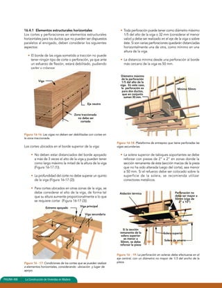 16.4.1 Elementos estructurales horizontales 
Los cortes y perforaciones en elementos estructurales 
horizontales para los ductos que no pueden ser dispuestos 
paralelos al envigado, deben considerar los siguientes 
aspectos: 
• El borde de las vigas sometido a tracción no puede 
tener ningún tipo de corte o perforación, ya que ante 
un esfuerzo de flexión, estará debilitado, pudiendo 
ceder y colapsar. 
Eje neutro 
Figura 16-16: Las vigas no deben ser debilitadas con cortes en 
la zona traccionada. 
Los cortes ubicados en el borde superior de la viga: 
• No deben estar distanciados del borde apoyado 
a más de 3 veces el alto de la viga y pueden tener 
como largo máximo la mitad de la altura de la viga 
(Figura 16-17 (1)). 
• La profundidad del corte no debe superar un quinto 
de la viga (Figura 16-17 (2)). 
• Para cortes ubicados en otras zonas de la viga, se 
debe considerar el alto de la viga, de forma tal 
que su altura aumente proporcionalmente a lo que 
se requiere cortar (Figura 16-17 (3)). 
Figura 16 - 17: Condiciones de los cortes que se pueden realizar 
a elementos horizontales, considerando ubicación y lugar de 
apoyo. 
PAGINA 406 La Construcción de Viviendas en Madera 
• Toda perforación puede tener como diámetro máximo 
1/5 del alto de la viga o 32 mm (considerar el menor 
valor) y debe ser realizado en el eje de la viga o sobre 
éste. Si son varias perforaciones quedarán distanciadas 
horizontalmente una de otra, como mínimo en una 
altura de la viga. 
• La distancia mínima desde una perforación al borde 
más cercano de la viga es 50 mm. 
Figura 16-18: Plataforma de entrepiso que tiene perforadas las 
vigas secundarias. 
• La solera superior de tabiques soportantes se debe 
reforzar con piezas de 2” x 2” en zonas donde la 
sección remanente de ésta (sección maciza de la pieza 
que no ha sido alterada luego del corte), sea menor 
a 50 mm. Si el refuerzo debe ser colocado sobre la 
superficie de la solera, se recomienda utilizar 
conectores metálicos. 
Perforación no 
debe ser mayor a 
50mm (viga de 
2” x 10”) 
Ductos 
Figura 16 - 19: La perforación en soleras debe efectuarse en el 
eje central, con un diámetro no mayor de 1/3 del ancho de la 
pieza. 
Zona traccionada 
no debe ser 
cortada 
Viga 
Extremo apoyado 
1 2 
3 
Viga principal 
Viga secundaria 
Cadenetas 
Diámetro máximo 
de la perforación 
1/5 del alto de la 
viga. En este caso, 
la perforación es 
para dos ductos, 
que en conjunto 
suman 30 mm. 
Mínimo 50mm 
Solera superior 
Aislación térmica 
Si la sección 
remanente de la 
solera superior 
es menor a 
50mm, se debe 
reforzar la pieza 
Solera de amarre 
 