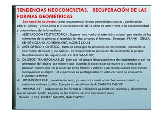 TENDENCIAS NEOCONCRETAS. RECUPERACIÓN DE LAS 
FORMAS GEOMÉTRICAS 
Son también abstractas pero recuperando formas geométricas simples , combinando 
colores planos y tendencia a la racionalización de la obra de arte frente a la espontaneidad 
y automatismo del informalismo 
1. ABSTRACCIÓN POSTPICTÓRICA , Supone una vuelta al arte más racional por medio de los 
elementos de la pintura: el bastidor, la tela, el color, el formato. Destacan FRANK STELLA, 
KENET NOLAND, AD REINHARDT, MORRIS LOUIS 
2. ARTE ÓPTICO Y CINÉTICO. trata de conseguir la sensación de movimiento mediante la 
interacción de líneas y de colores , incrementando la sensación de movimiento el propio 
desplazamiento del espectador. VICTOR VASALERY 
3. OBJETOS TRANSFORMABLES bien por el propio desplazamiento del espectador o por la 
alteración del objeto de manera que cuando el espectador se mueve o y cambia de 
posición resulta que va a observar otras formas y colores y así mismo cuando intervienen 
manipulando el objeto ( el espectador es protagonista). En esta corriente se encuentra 
EUSEBIO SEMPERE 
4. DINAMISMO REAL , movimiento real , ya sea por causas naturales como el viento o 
mediante motores a pilas. Ejemplo las esculturas de ALESANDER CALDER 
5 MINIMAL ART Reducción de las formas a volúmenes geométricos mínimos y elementales 
que se suelen repetir Algunos de los artistas de este movimiento son:L 
Donald JUDD, ROBERT MORRIS, DAN FLAVIN 
 