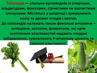Глікозиди — сполуки вуглеводнів із спиртами, 
альдегідами, фенолами, сірчистими чи азотистими 
сполуками. Містяться у шкірочці і зумовлюють 
колір та аромат плодів і овочів. 
До глікозидів належать також фенольні речовини – 
антоціани, катехіни, флавоноли, які крім 
асептичних властивостей надають плодам 
забарвлення, зумовлюють Р-вітамінну цінність та 
смакові властивості. 
 
