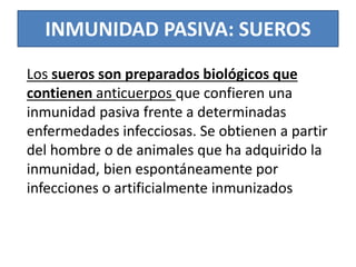 INMUNIDAD PASIVA: SUEROS 
Los sueros son preparados biológicos que 
contienen anticuerpos que confieren una 
inmunidad pasiva frente a determinadas 
enfermedades infecciosas. Se obtienen a partir 
del hombre o de animales que ha adquirido la 
inmunidad, bien espontáneamente por 
infecciones o artificialmente inmunizados 
