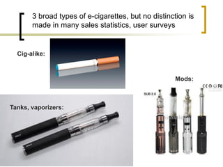 3 broad types of e-cigarettes, but no distinction is made in many sales statistics, user surveys 
Cig-alike: 
Tanks, vaporizers: 
Mods:  