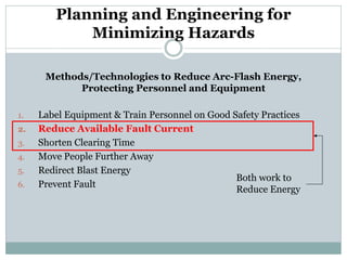 1. 
Label Equipment & Train Personnel on Good Safety Practices 
2. 
Reduce Available Fault Current 
3. 
Shorten Clearing Time 
4. 
Move People Further Away 
5. 
Redirect Blast Energy 
6. 
Prevent Fault 
Methods/Technologies to Reduce Arc-Flash Energy, Protecting Personnel and Equipment 
Planning and Engineering for Minimizing Hazards 
Both work to 
Reduce Energy  