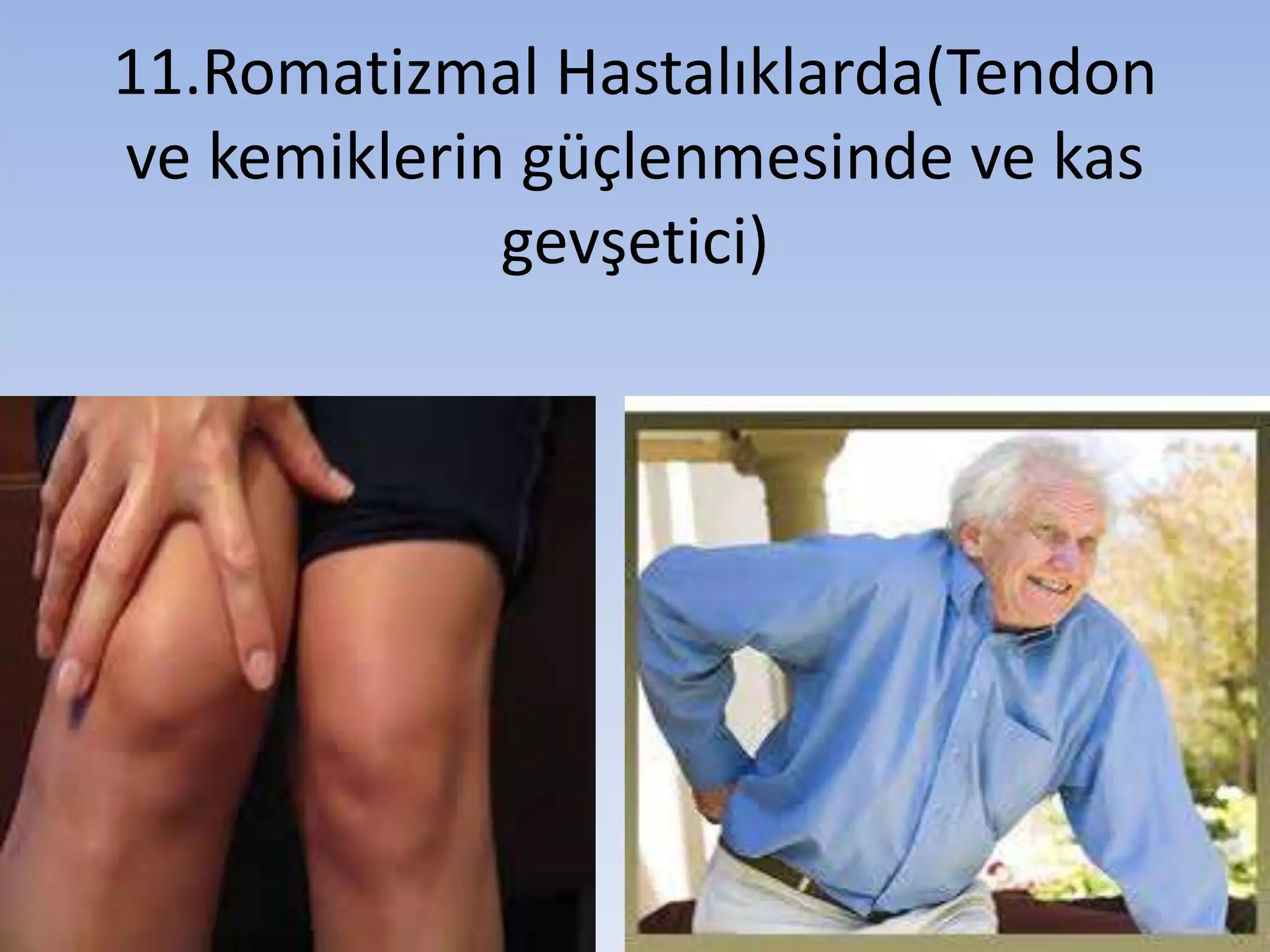 11.Romatizmal Hastalıklarda(Tendon
ve kemiklerin güçlenmesinde ve kas
gevşetici)
 