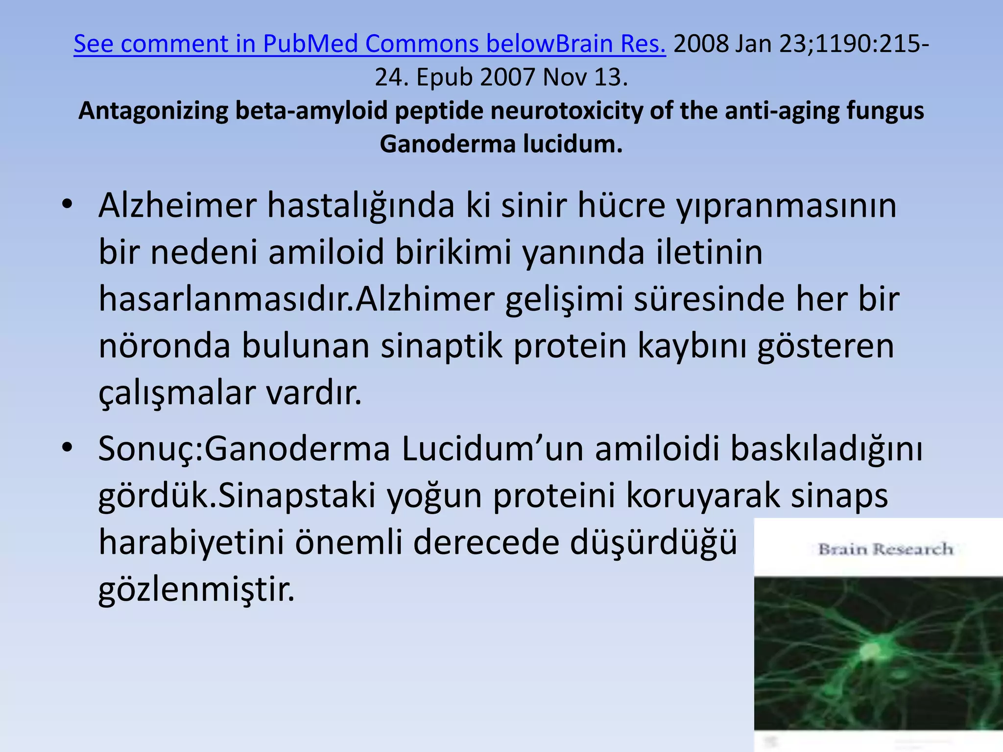 See comment in PubMed Commons belowBrain Res. 2008 Jan 23;1190:215-
24. Epub 2007 Nov 13.
Antagonizing beta-amyloid peptide neurotoxicity of the anti-aging fungus
Ganoderma lucidum.
• Alzheimer hastalığında ki sinir hücre yıpranmasının
bir nedeni amiloid birikimi yanında iletinin
hasarlanmasıdır.Alzhimer gelişimi süresinde her bir
nöronda bulunan sinaptik protein kaybını gösteren
çalışmalar vardır.
• Sonuç:Ganoderma Lucidum’un amiloidi baskıladığını
gördük.Sinapstaki yoğun proteini koruyarak sinaps
harabiyetini önemli derecede düşürdüğü
gözlenmiştir.
 