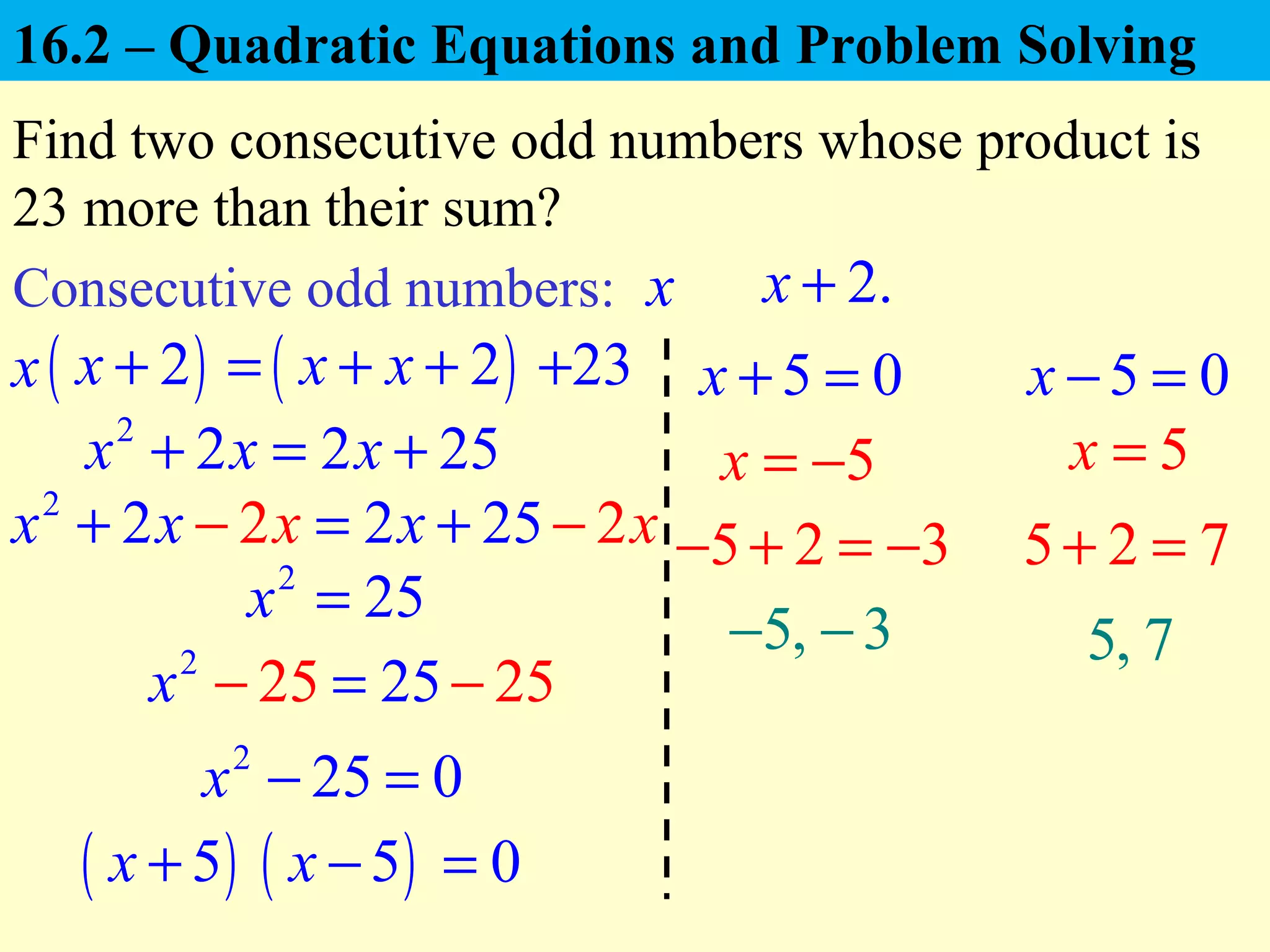 x
Find two consecutive odd numbers whose product is
23 more than their sum?
Consecutive odd numbers: x
5x = − 5x =2
2 2 25x x x+ = +
2
25 0x − =
( )5x +
5 0x + = 5 0x − =
5, 3− − 5, 7
5 2 3− + = − 5 2 7+ =
2.x +
( )2x + = ( )2x x+ + 23+
2
22 2 2 25xx x x x+ = −+−
2
25 2525x =− −
2
25x =
( )5x − 0=
16.2 – Quadratic Equations and Problem Solving
 
