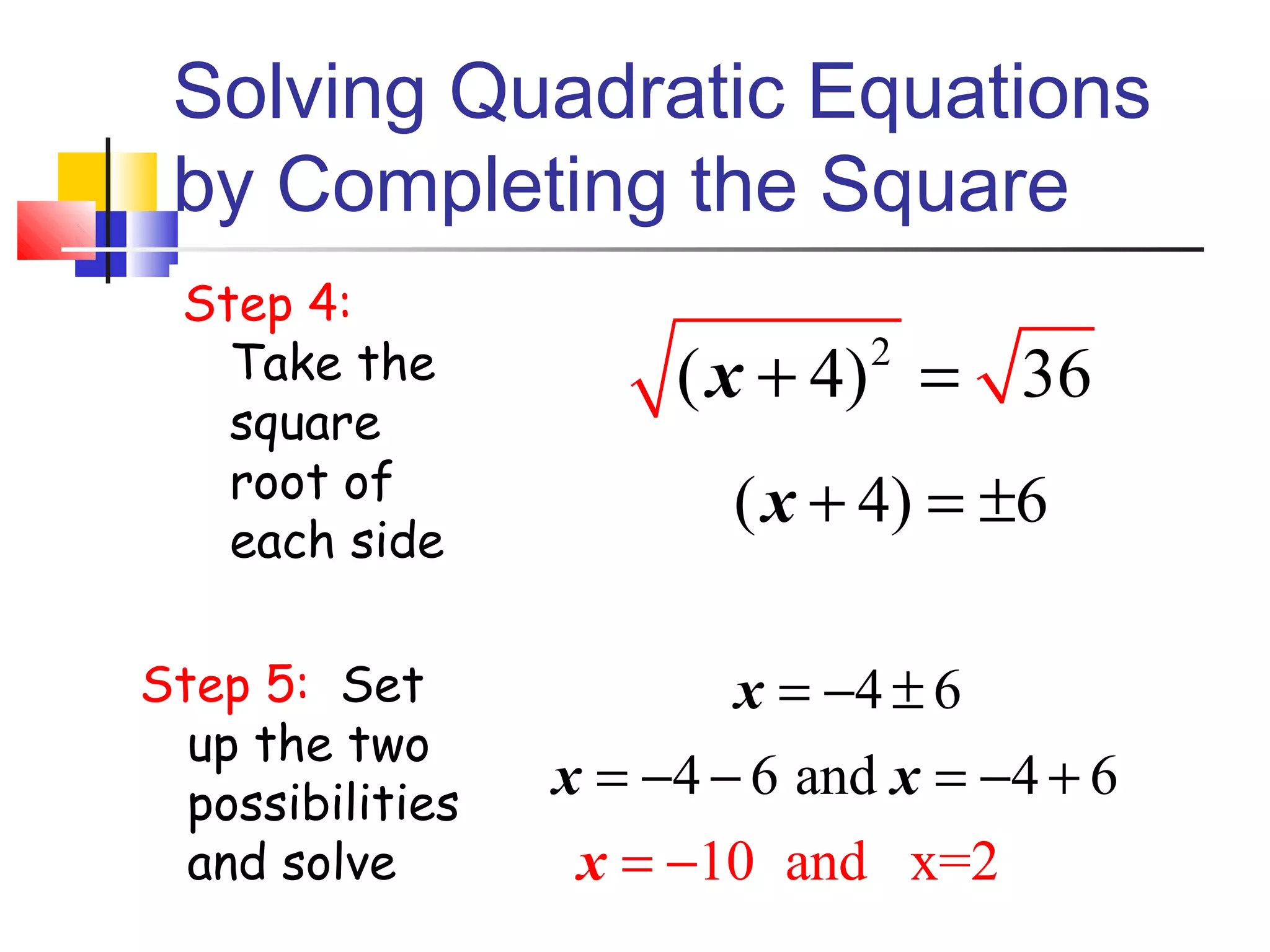 Solving Quadratic Equations
by Completing the Square
Step 4:
Take the
square
root of
each side
2
( 4) 36x + =
( 4) 6x + = ±
Step 5: Set
up the two
possibilities
and solve
4 6
4 6 and 4 6
10 and 2x=
x
x x
x
= − ±
=
= −
− − = − +
 