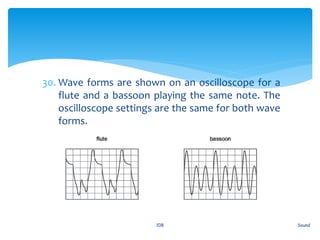 30. Wave forms are shown on an oscilloscope for a
flute and a bassoon playing the same note. The
oscilloscope settings are the same for both wave
forms.
Sound108
 
