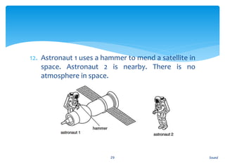 12. Astronaut 1 uses a hammer to mend a satellite in
space. Astronaut 2 is nearby. There is no
atmosphere in space.
Sound29
 