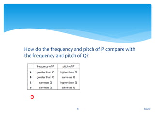 1. How do the frequency and pitch of P compare with
the frequency and pitch of Q?
Sound76
D
 