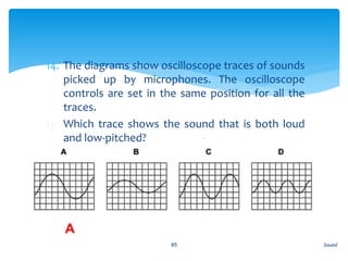 14. The diagrams show oscilloscope traces of sounds
picked up by microphones. The oscilloscope
controls are set in the same position for all the
traces.
15. Which trace shows the sound that is both loud
and low-pitched?
Sound85
A
 