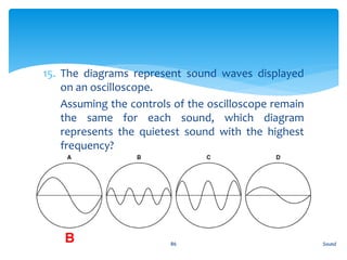 15. The diagrams represent sound waves displayed
on an oscilloscope.
16. Assuming the controls of the oscilloscope remain
the same for each sound, which diagram
represents the quietest sound with the highest
frequency?
Sound86
B
 