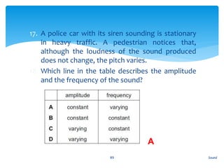17. A police car with its siren sounding is stationary
in heavy traffic. A pedestrian notices that,
although the loudness of the sound produced
does not change, the pitch varies.
18. Which line in the table describes the amplitude
and the frequency of the sound?
Sound89
A
 