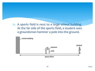 21. A sports field is next to a large school building.
At the far side of the sports field, a student sees
a groundsman hammer a pole into the ground.
Sound94
 