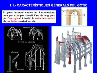 1.1.- CARACTERÍSTIQUES GENERALS DEL GÒTIC
El gòtic introduí canvis en l’arquitectura,
com per exemple, canvià l’arc de mig punt
per l’arc ogival, introduí la volta de creuria i
els contraforts exteriors, etc.
 