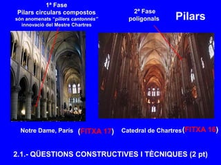 Notre Dame, París Catedral de Chartres
Pilars
1ª Fase
Pilars circulars compostos
són anomenats “piliers cantonnés”
innovació del Mestre Chartres
2ª Fase
poligonals
2.1.- QÜESTIONS CONSTRUCTIVES I TÈCNIQUES (2 pt)
(FITXA 17) (FITXA 16)
 