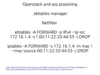 Openstack and arp posioning
. ebtables manager
Netfilter
ebtables -A FORWARD -p IPv4 --ip-src
172.16.1.4 -s ! 00:11:22:33:44:55 -j DROP
iptables -A FORWARD -s 172.16.1.4 -m mac !
--mac-source 00:11:22:33:44:55 -j DROP
https://github.com/openstack/neutron-specs/blob/master/specs/kilo/arp-spoof-filtering-ebtables.rst
https://launchpadlibrarian.net/164709417/iptables_firewall_basic_spoofing.patch
 