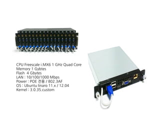 CPU Freescale i.MX6 1 GHz Quad Core
Memory 1 Gybtes
Flash 4 Gbytes
LAN : 10/100/1000 Mbps
Power : POE 전용 / 802.3AF
OS : Ubuntu linaro 11.x / 12.04
Kernel : 3.0.35.custom
 